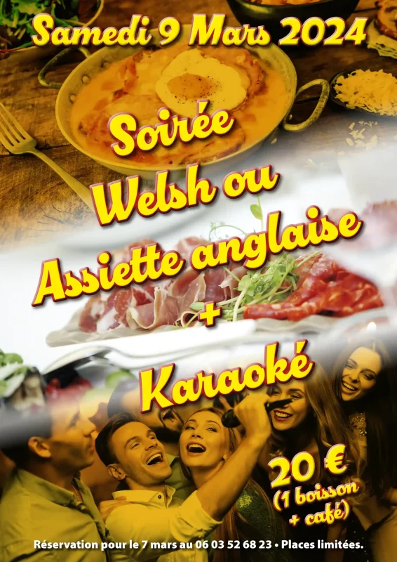 Soirée welsh ou assiette anglaise et karaoké. Le 9 mars 2024.